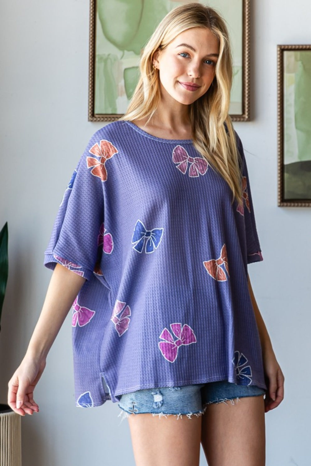 HOPELY Bow Print Waffle Side Slit T-Shirt Trandify Deal