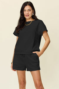 Double Take Full Size Texture Short Sleeve T-Shirt and Drawstring Shorts Set Trandify deal