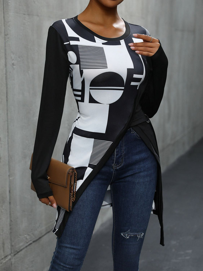 Perfee Geometric Round Neck Long Sleeve T-Shirt Trandify deal
