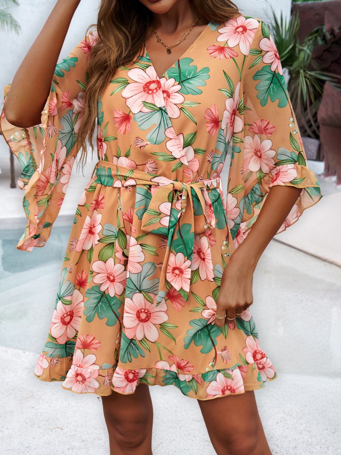 Devine Ruffled Printed Surplice Half Sleeve Mini Dress Trandify Deal