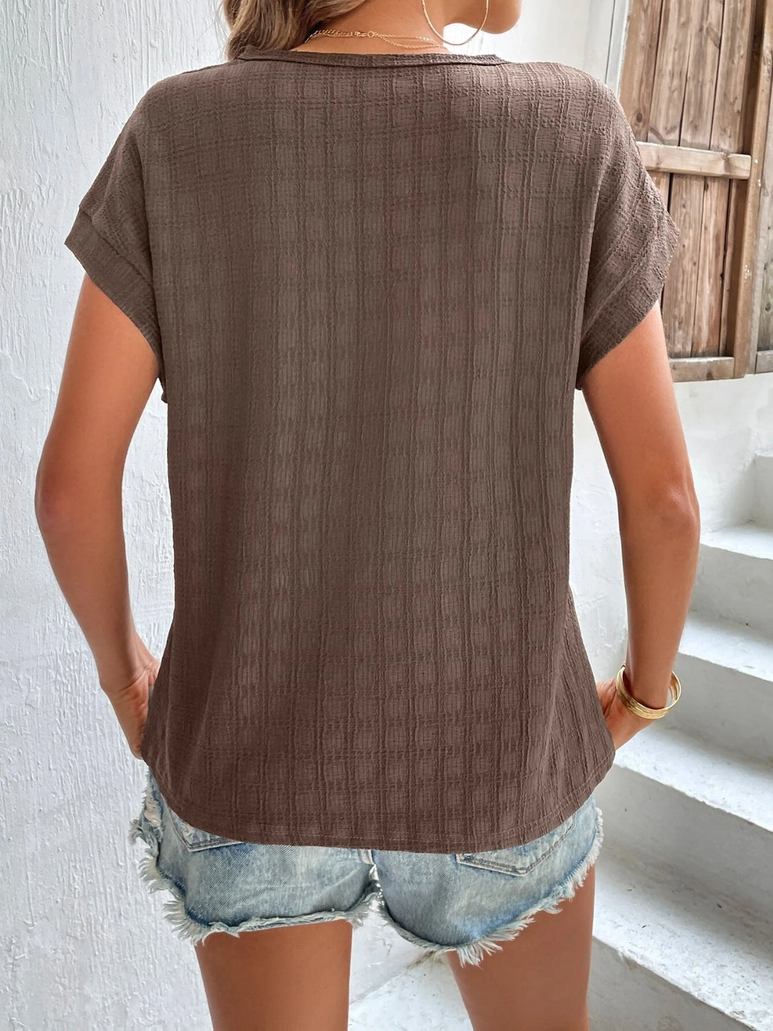 Textured Round Neck Short Sleeve Top Trandify deal