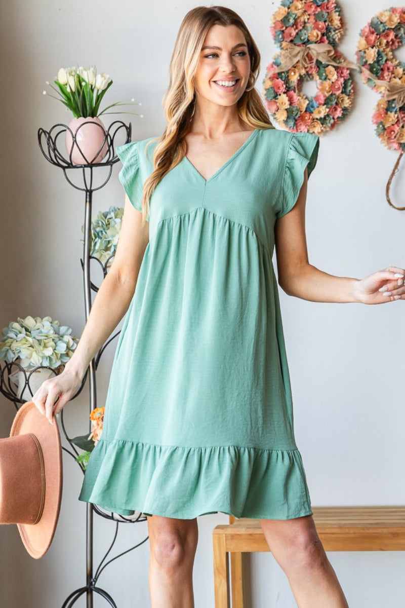 Heimish Full Size Short Sleeve V Neck Ruffled Hem Dress Trandify deal