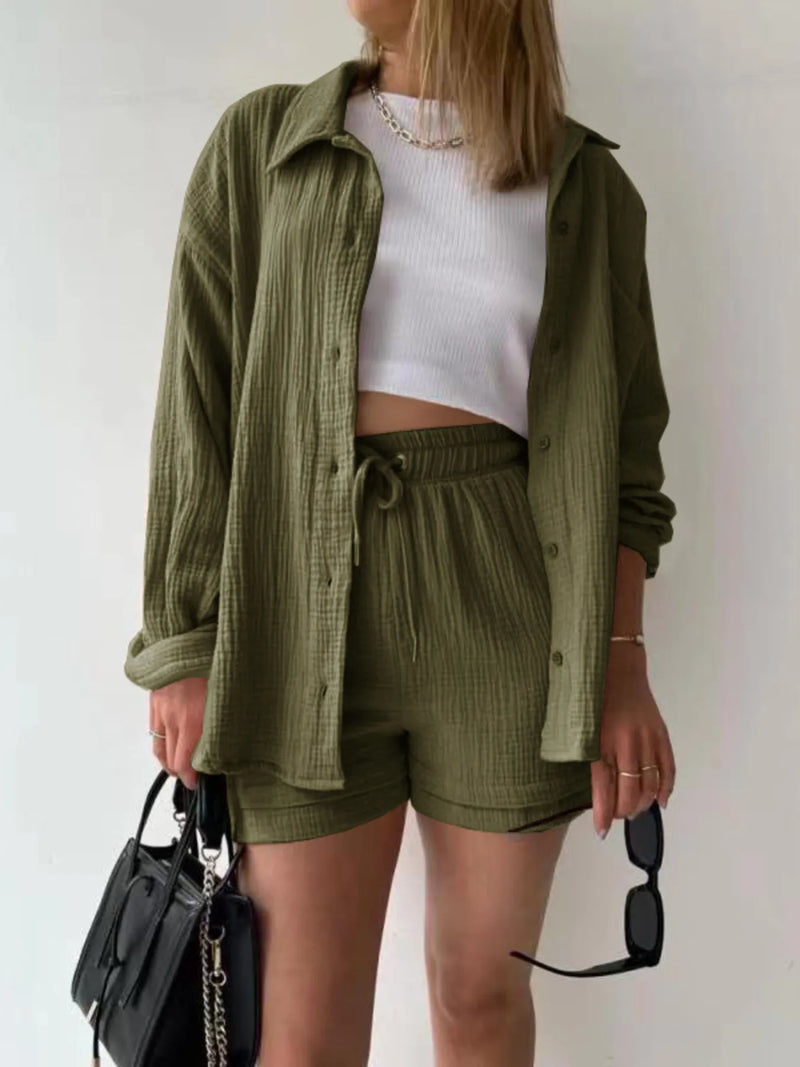 Trendy linen-blend two-piece set for women, stylish matching shirt and shorts