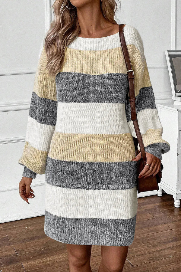 Color Block Boat Neck Long Sleeve Sweater Dress Trandify Deal