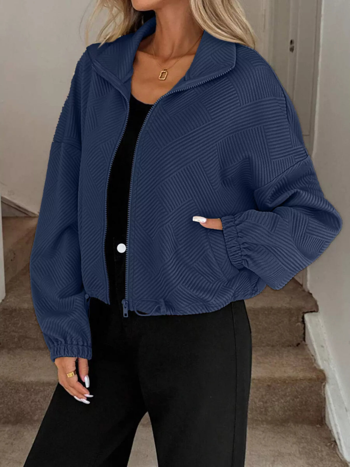 Women's Ribbed Drawstring Jacket - Casual Long Sleeve Zip-Up