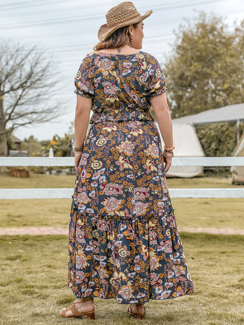 Plus Size Tie Neck Short Sleeve Top and Skirt Set Trandify deal