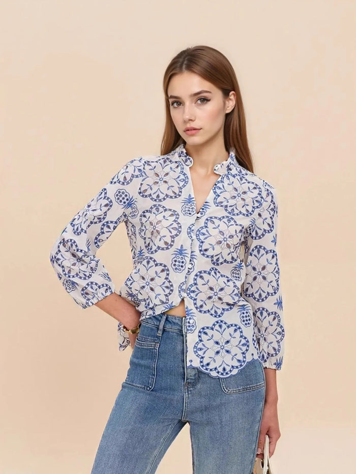 Boho chic eyelet embroidered long sleeve shirt for women – lace blouse casual outfit