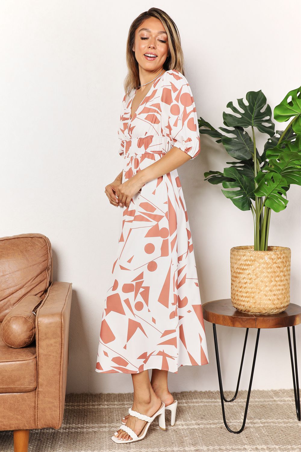 Printed Surplice Balloon Sleeve Dress Trandify deal