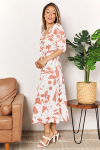 Printed Surplice Balloon Sleeve Dress Trandify deal