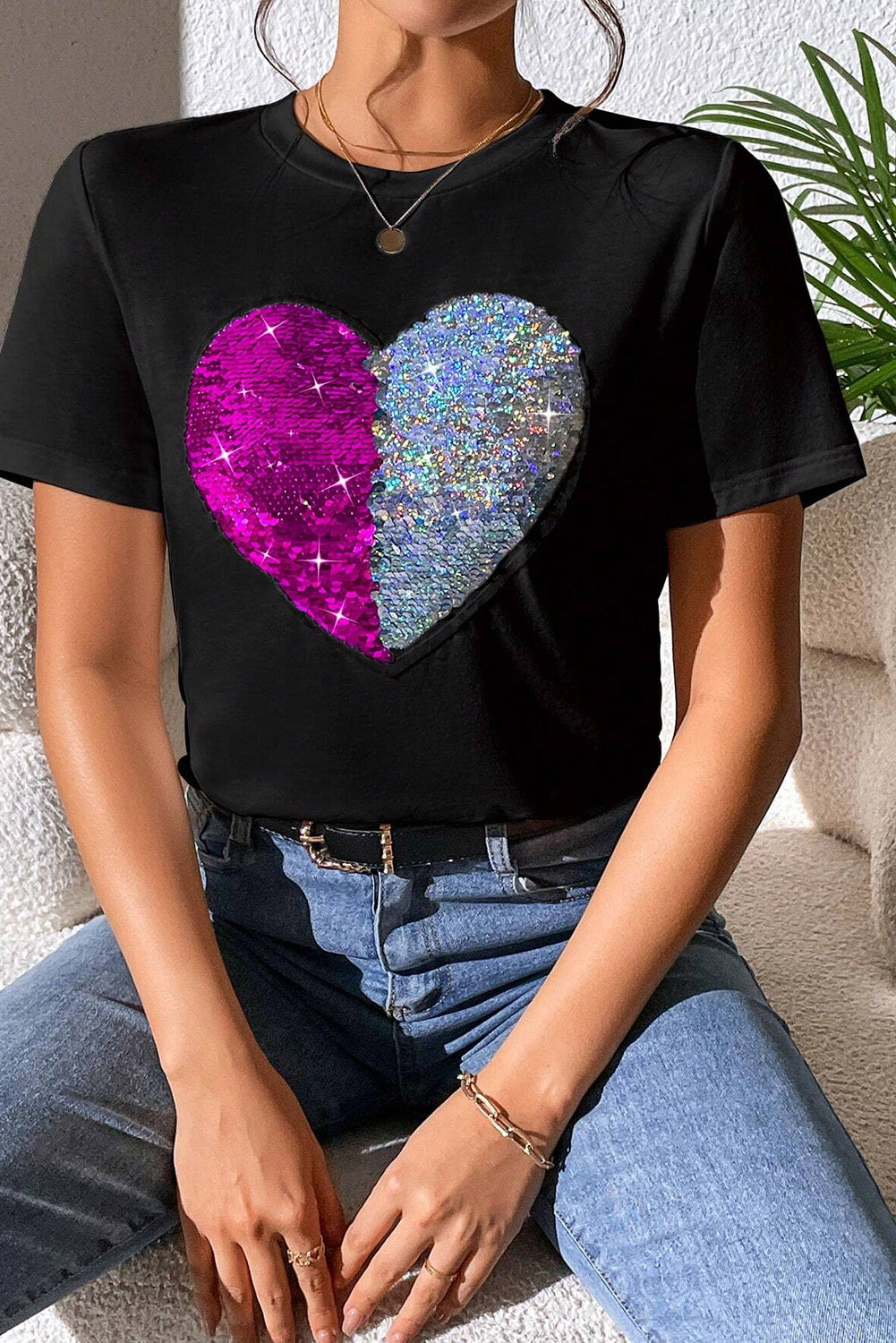 Heart Sequin Round Neck Short Sleeve T-Shirt - Trandify Deal