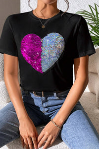 Heart Sequin Round Neck Short Sleeve T-Shirt - Trandify Deal