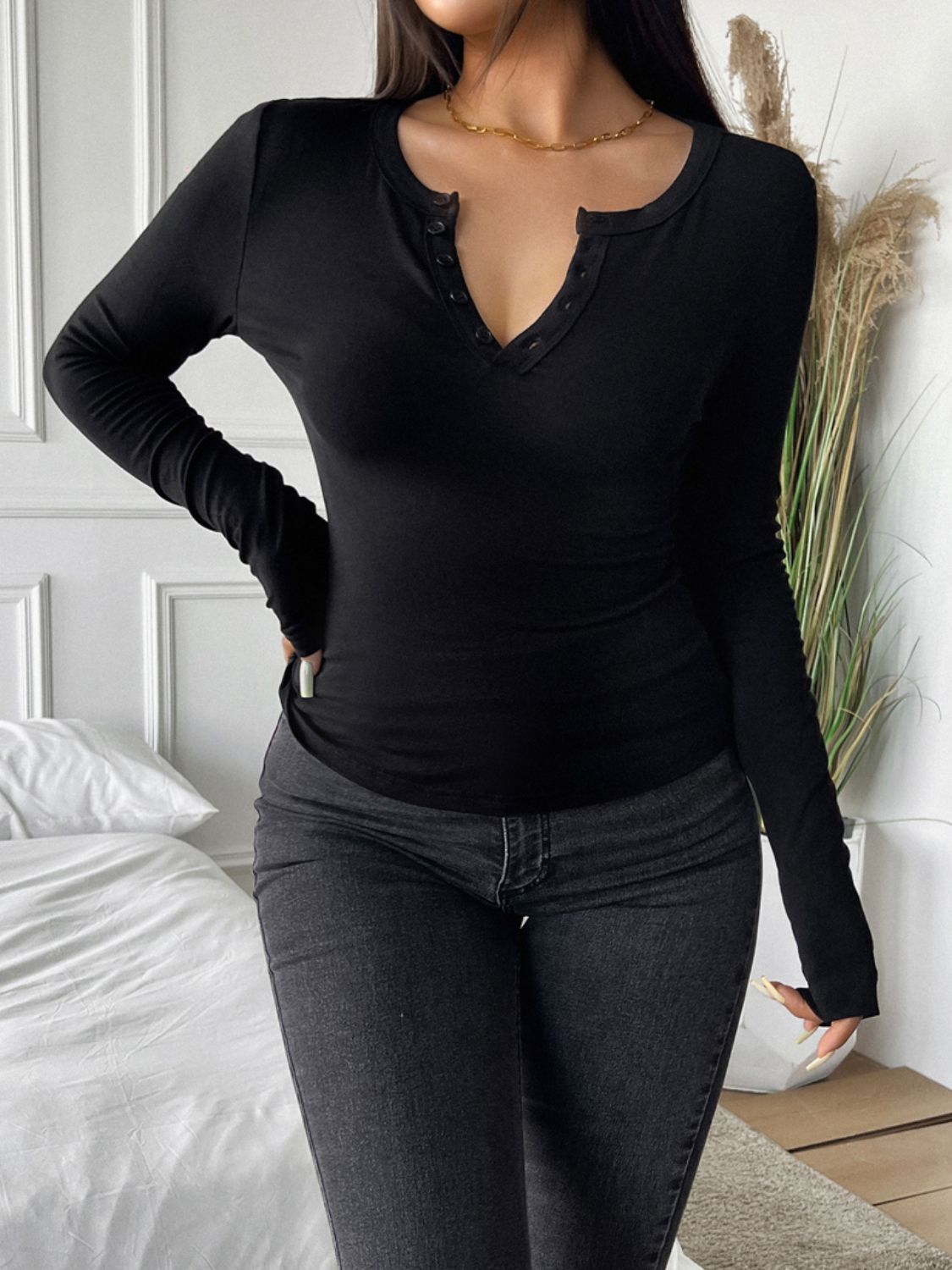 Devine Quarter Button Long Sleeve T-Shirt Trandify Deal