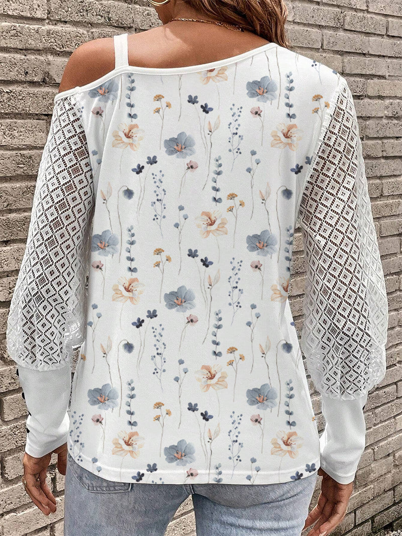 Printed Asymmetrical Neck Lantern Sleeve T-Shirt Trandify deal