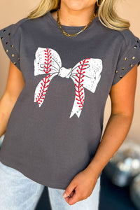 Studded Bow Graphic Round Neck Cap Sleeve T-Shirt Trandify deal