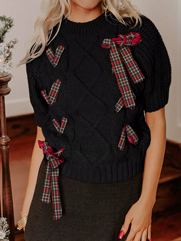 Plaid Bow Cable-Knit Sweater - Short Sleeve Women's Top