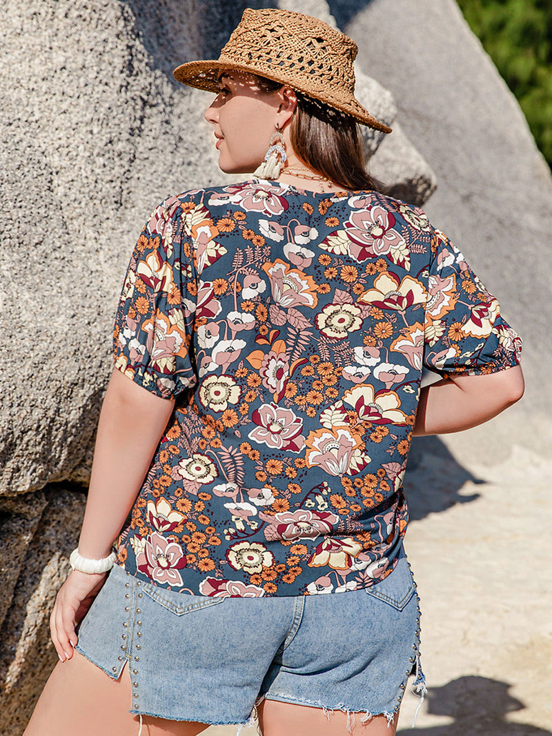 Plus Size Printed Notched Half Sleeve Blouse Trandify deal