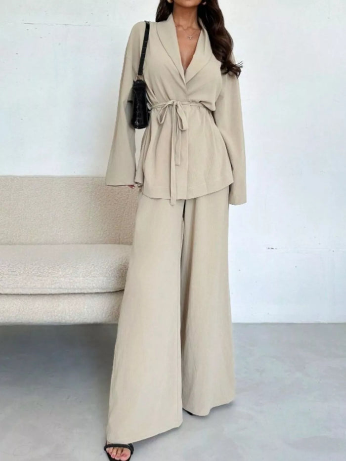 Women's Front Tied Two-Piece Set: Shirt & Wide-Leg Pants