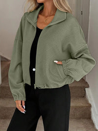 Women's Ribbed Drawstring Jacket - Casual Long Sleeve Zip-Up
