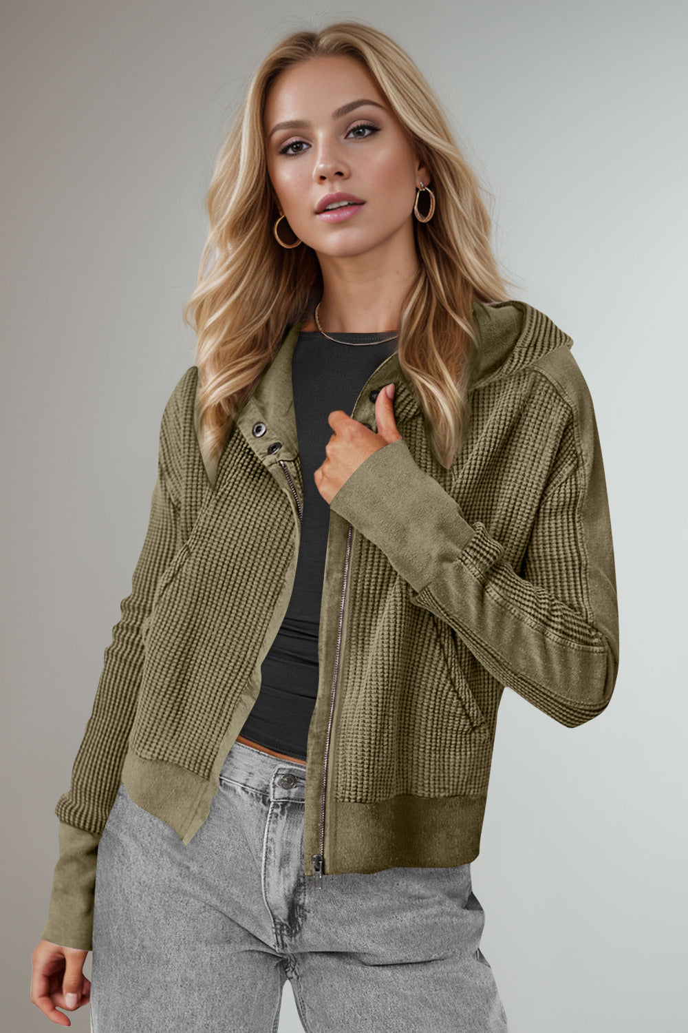 Double Take Waffle-Knit Zip Up Long Sleeve Hooded Jacket Trandify Deal