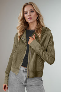 Double Take Waffle-Knit Zip Up Long Sleeve Hooded Jacket Trandify Deal