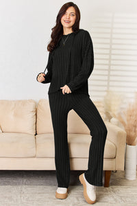 Basic Bae Full Size Ribbed Drawstring Hooded Top and Straight Pants Set Trandify Deal