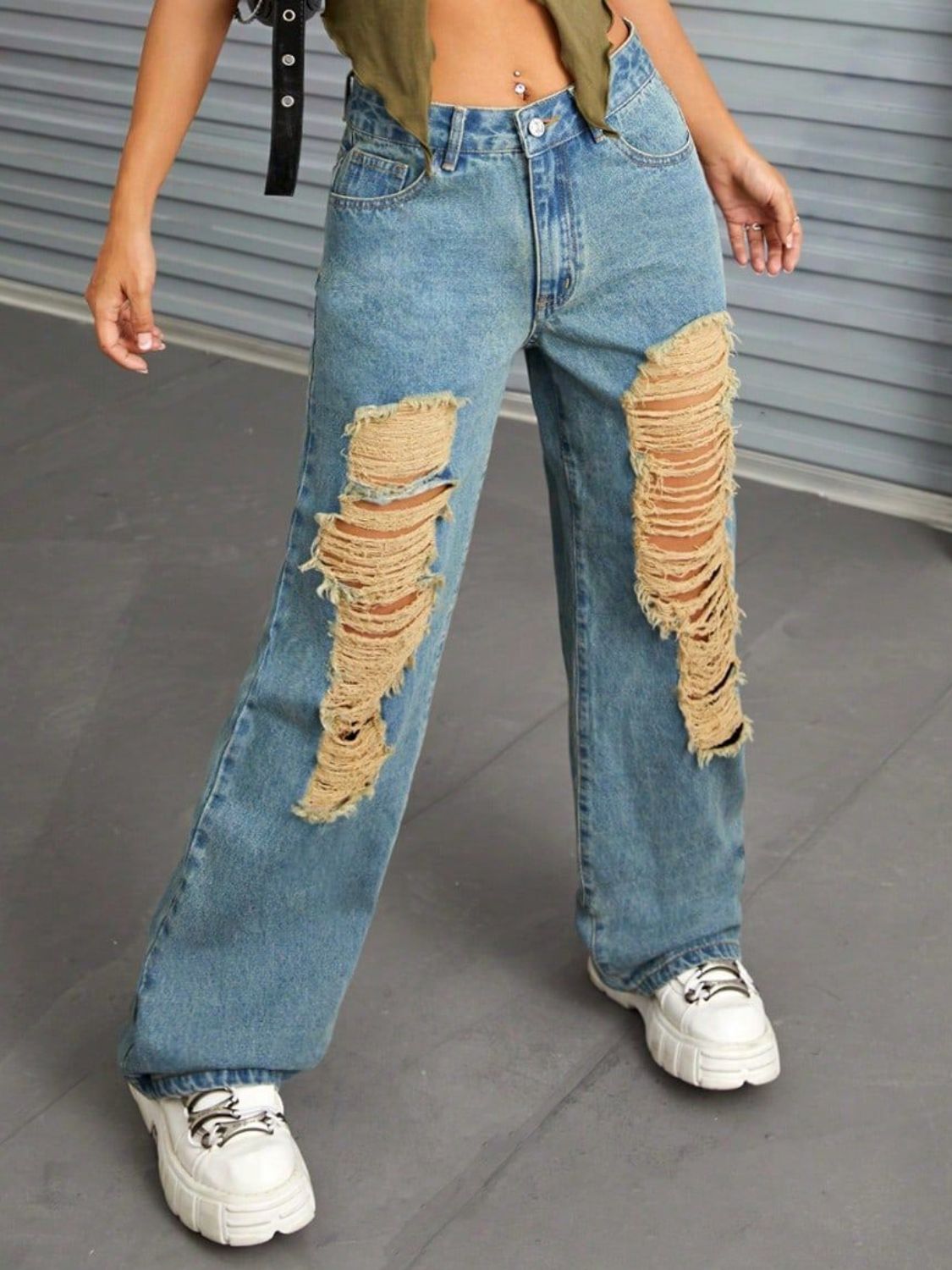Distressed Wide Leg Jeans with Pockets Trandify Deal