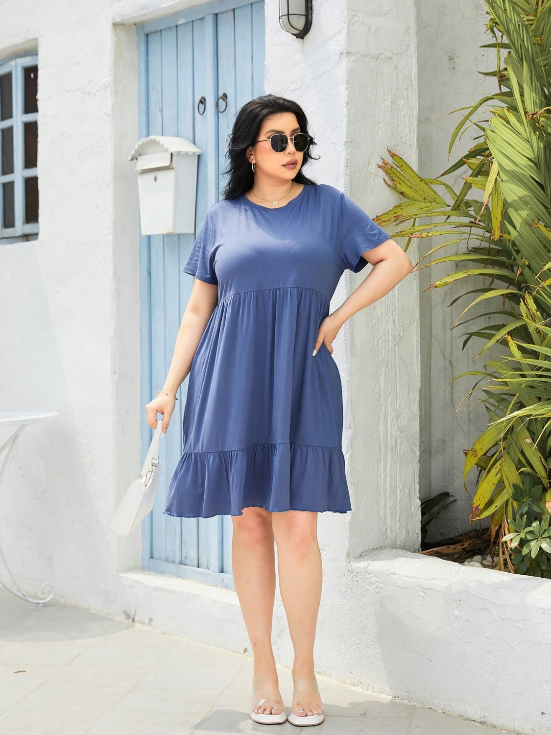 Plus Size Round Neck Short Sleeve Dress Trandify deal