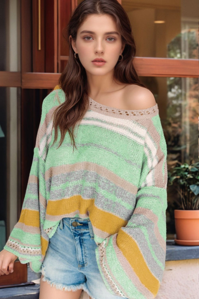 Contrast Striped Boat Neck Dropped Shoulder Sweater Trandify Deal