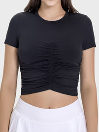 Millennia Ruched Round Neck Short Sleeve Active T-Shirt Trandify deal