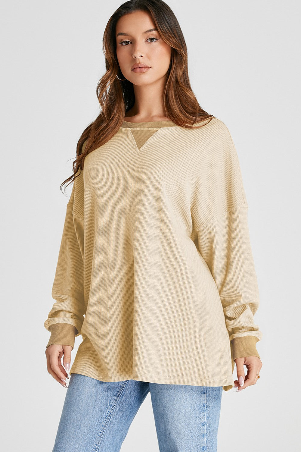 Waffle-Knit Long Sleeve Sweatshirt Trandify Deal