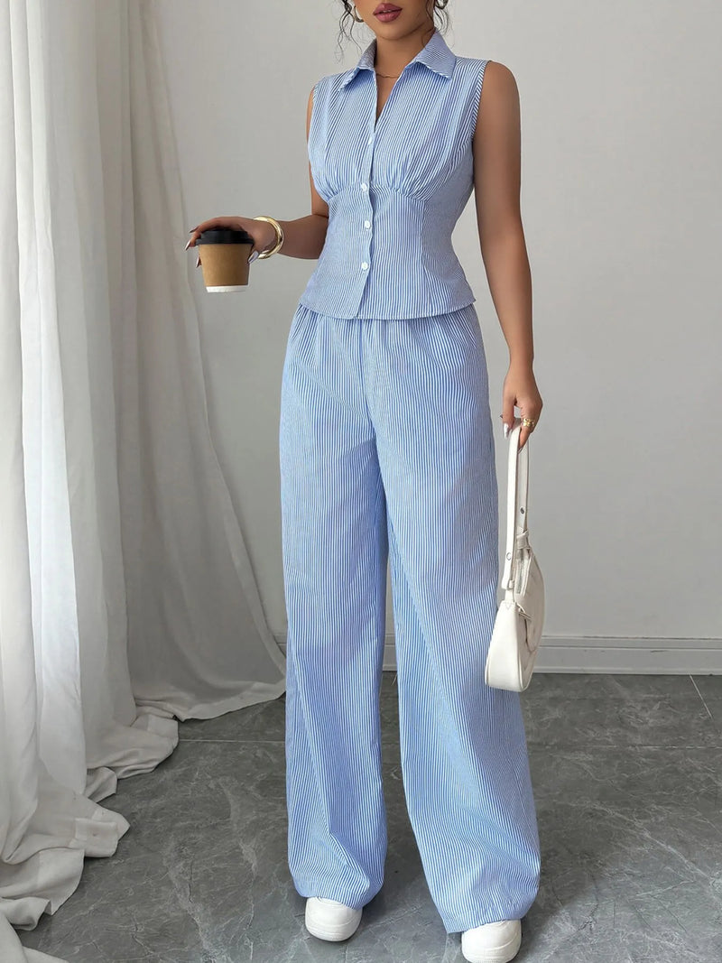 Women's Striped Sleeveless Top and High-Waisted Pants Set for Summer