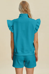 Double Take Texture Flounce Sleeve Top and Shorts Set - Trandify Deal