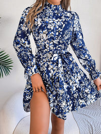 Printed Mock Neck Flounce Sleeve Mini Dress Trandify deal