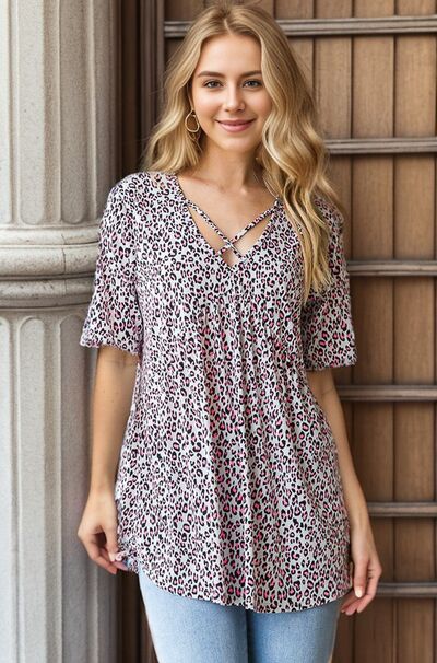 Heimish Plus Size Crisscross Babydoll Top – Women’s Animal Print Short Sleeve Blouse for Summer