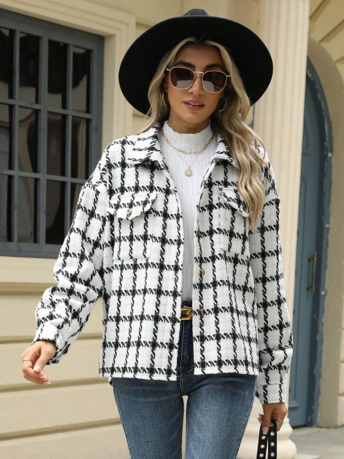 Plaid Collared Neck Long Sleeve Jacket Trandify Deal