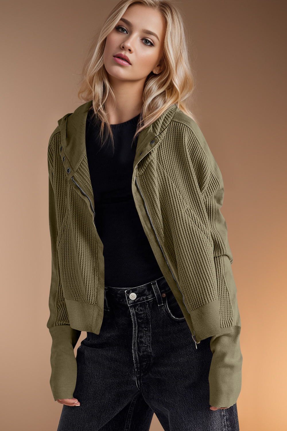 Double Take Waffle-Knit Zip Up Long Sleeve Hooded Jacket Trandify Deal