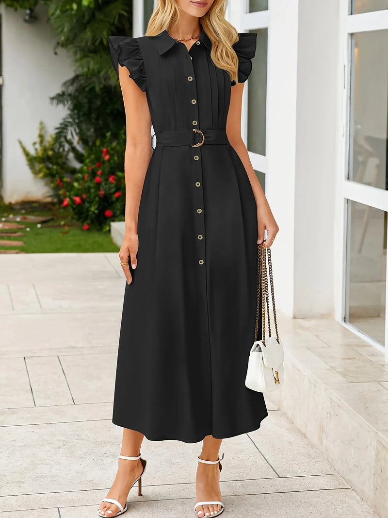 Women’s Ruffled Button-Front Midi Dress in Black – Flowy Summer A-Line Dress with Puff Sleeves
