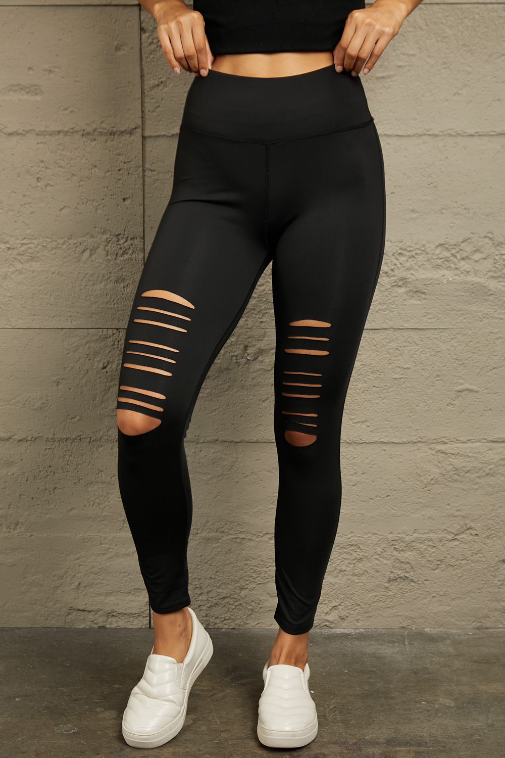 Double Take Wide Waistband Distressed Slim Fit Leggings Trandify deal