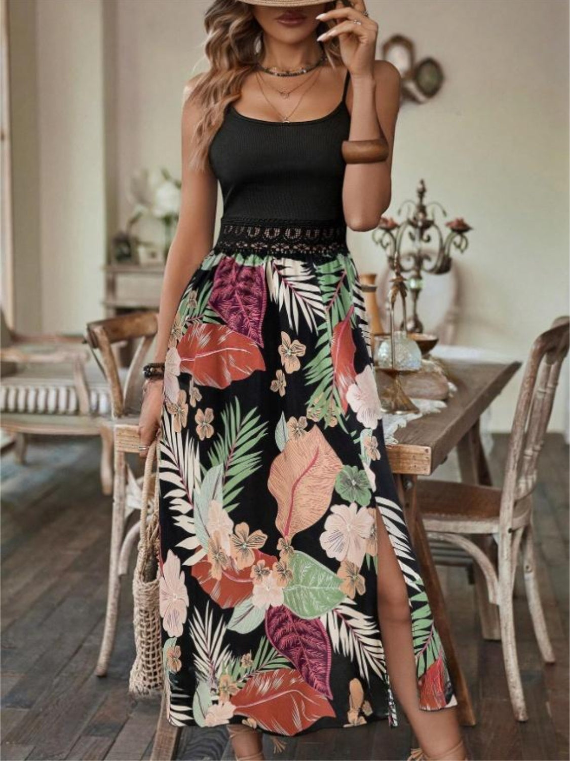 Slit Printed Scoop Neck Cami Dress Trandify Deal