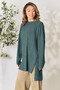 Basic Bae Full Size Ribbed Round Neck Long Sleeve Slit Top Trandify Deal