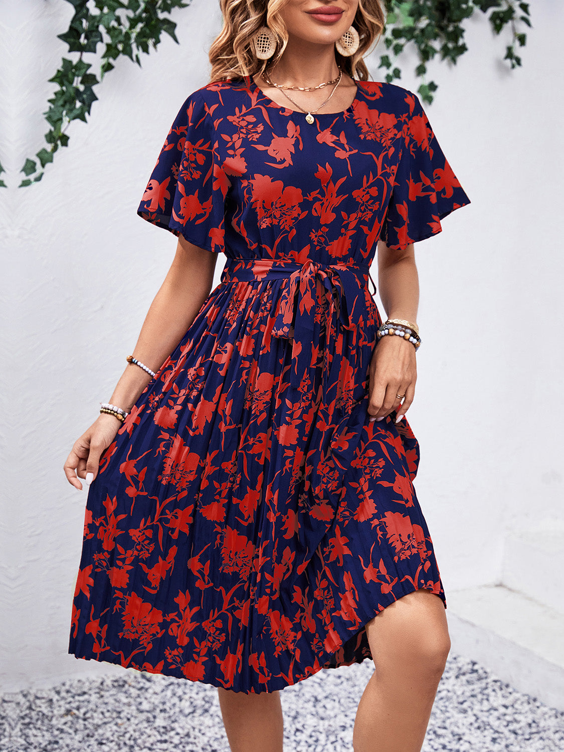 Printed Round Neck Short Sleeve Dress Trandify deal