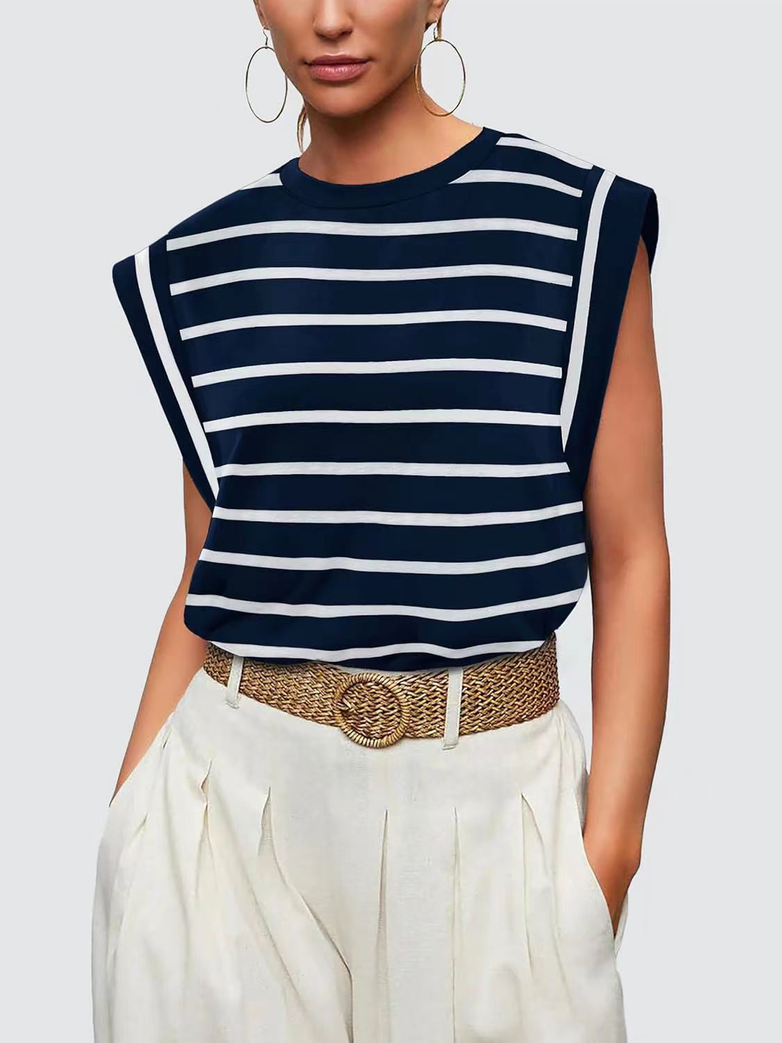 Striped Round Neck Cap Sleeve T-Shirt Trandify deal