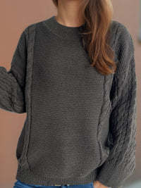 Cable-Knit Round Neck Long Sleeve Sweater Trandify Deal