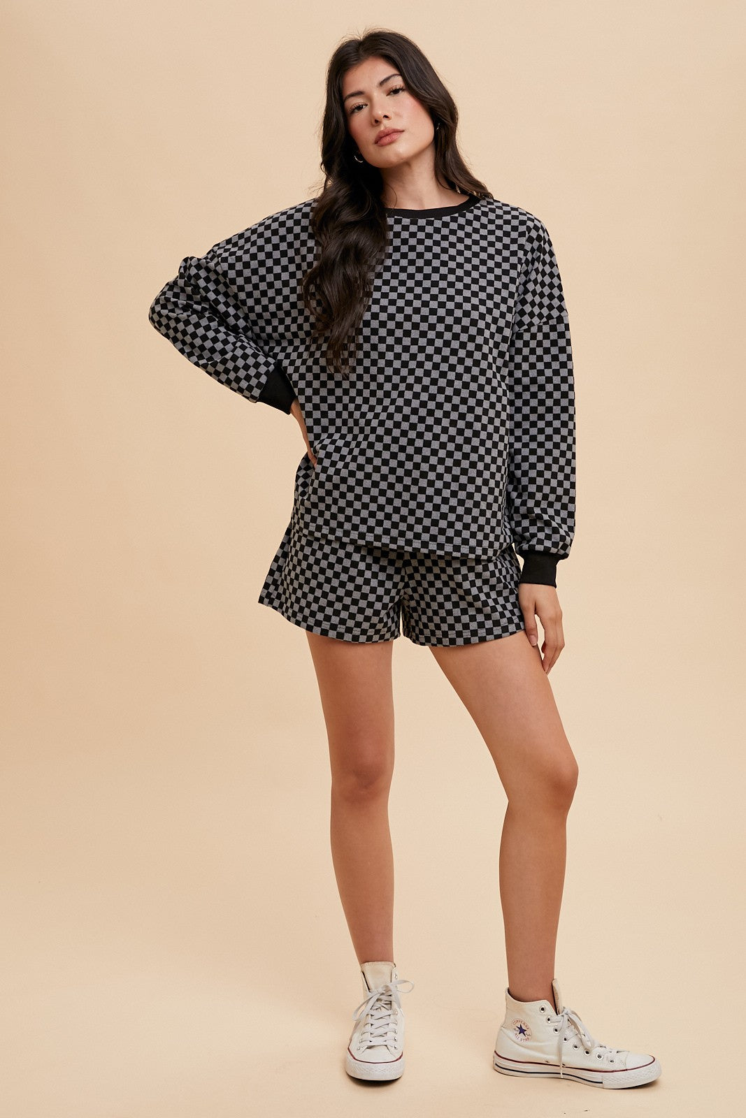 Annie Wear Checkered Round Neck Top and Drawstring Shorts Set Trandify Deal