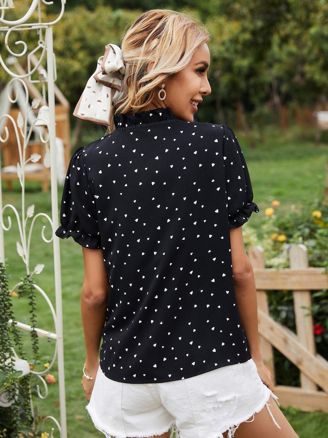 Heart Print Tie Neck Short Sleeve Blouse Trandify deal