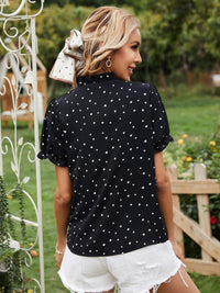 Heart Print Tie Neck Short Sleeve Blouse Trandify deal