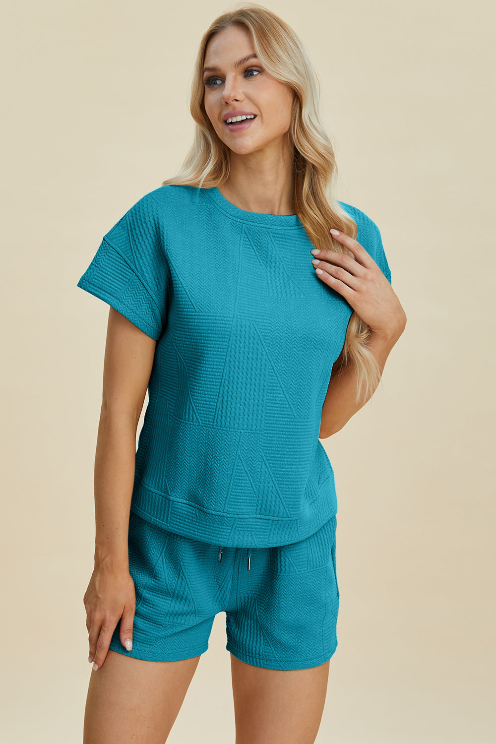 Double Take Full Size Texture Short Sleeve Top and Shorts Set Trandify deal