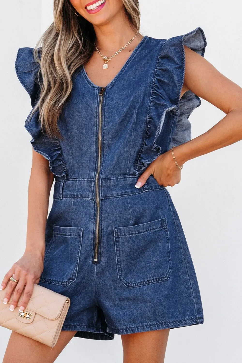 Women’s Blue Denim Romper with Ruffles & Zip Front – TrandifyDeal