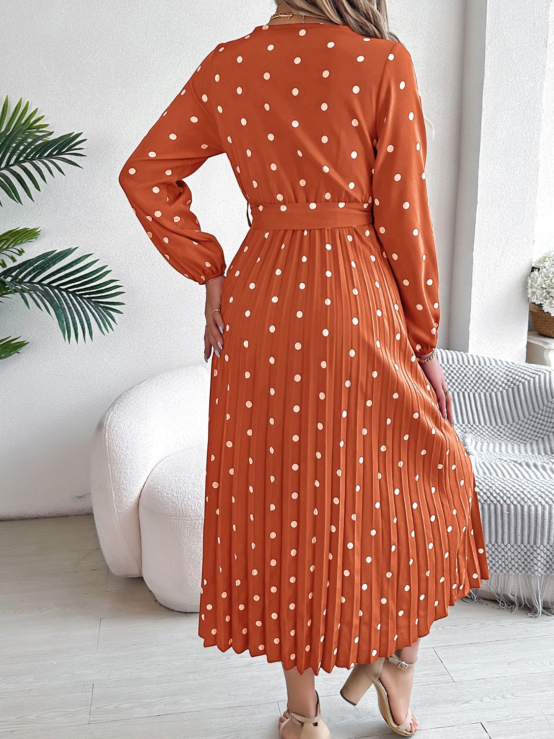 Tied Polka Dot Long Sleeve Midi Dress Trandify deal
