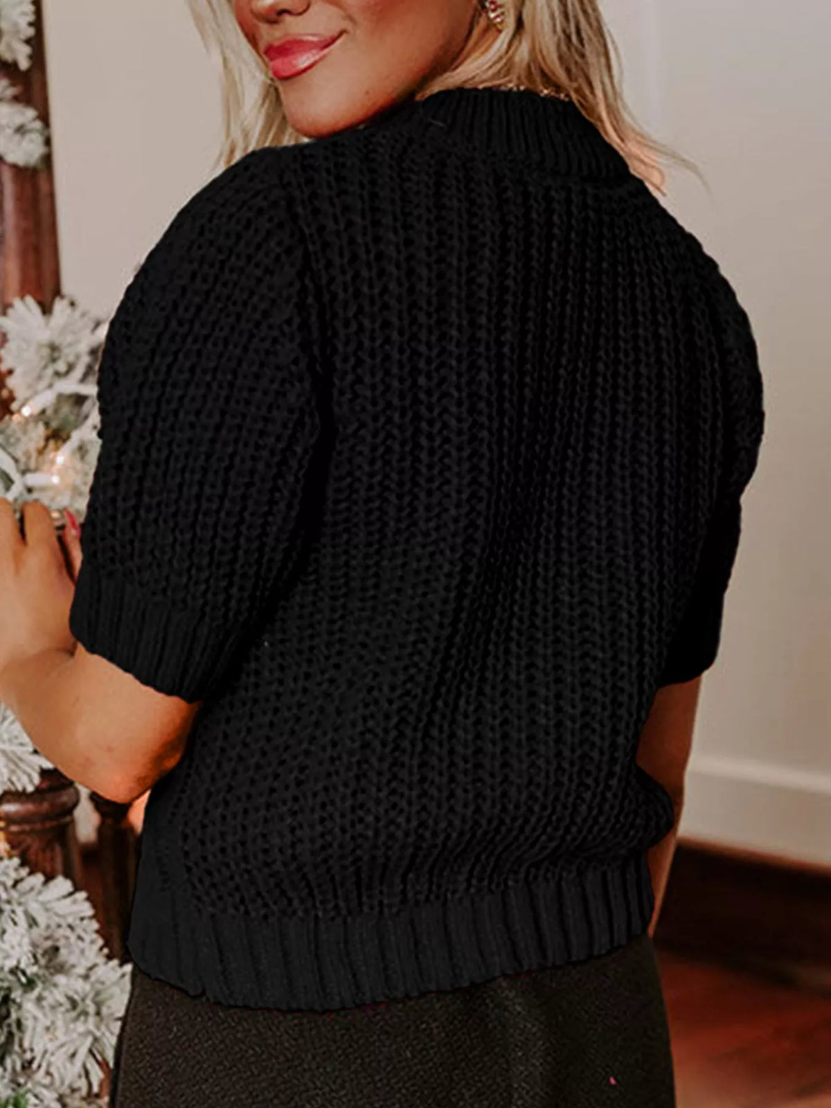 Plaid Bow Cable-Knit Sweater - Short Sleeve Women's Top